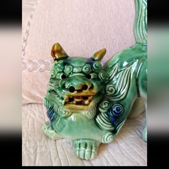 Vintage Majolica Chinese Porcelain Green, Blue & Tan Foo Dog Shishi Lion Statue - Picture 4 of 12